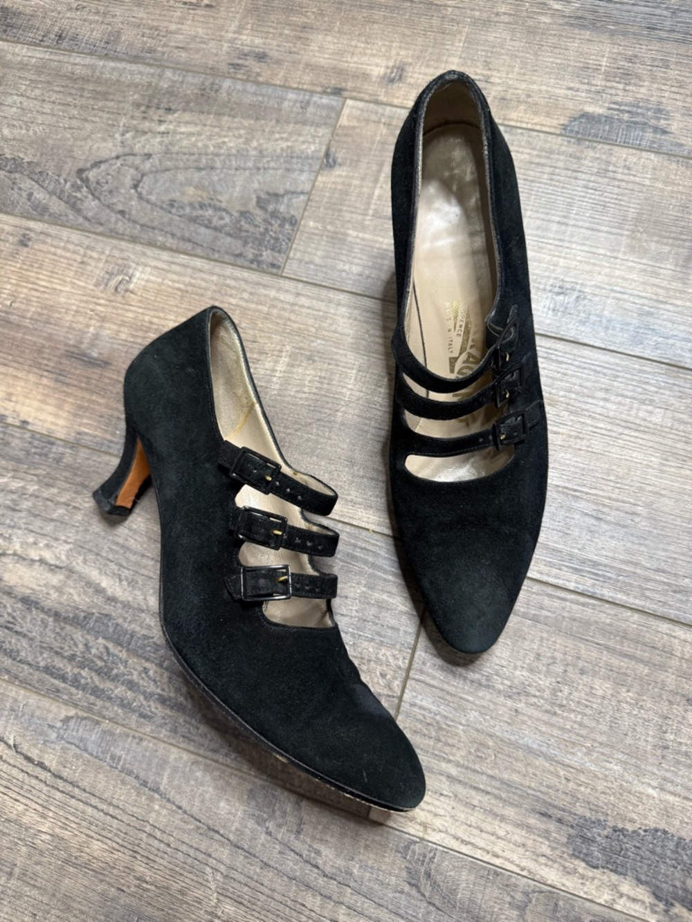 Salvatore Ferragamo Black Suede Triple-Strap Women's Heels Women's Size 6.5 AA